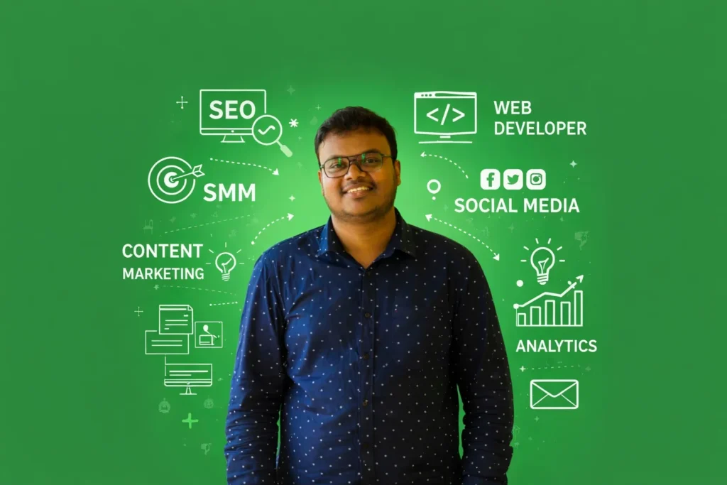 Best digital marketing expert in Kottayam standing with SEO, social media marketing, web development, analytics, and content marketing icons on a green background.